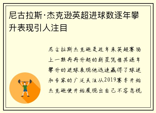 尼古拉斯·杰克逊英超进球数逐年攀升表现引人注目